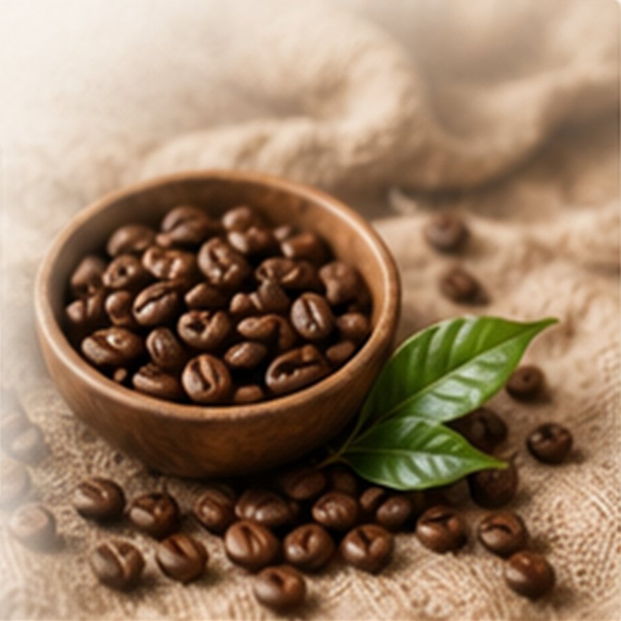 Coffee beans in a wooden bowl with leaves