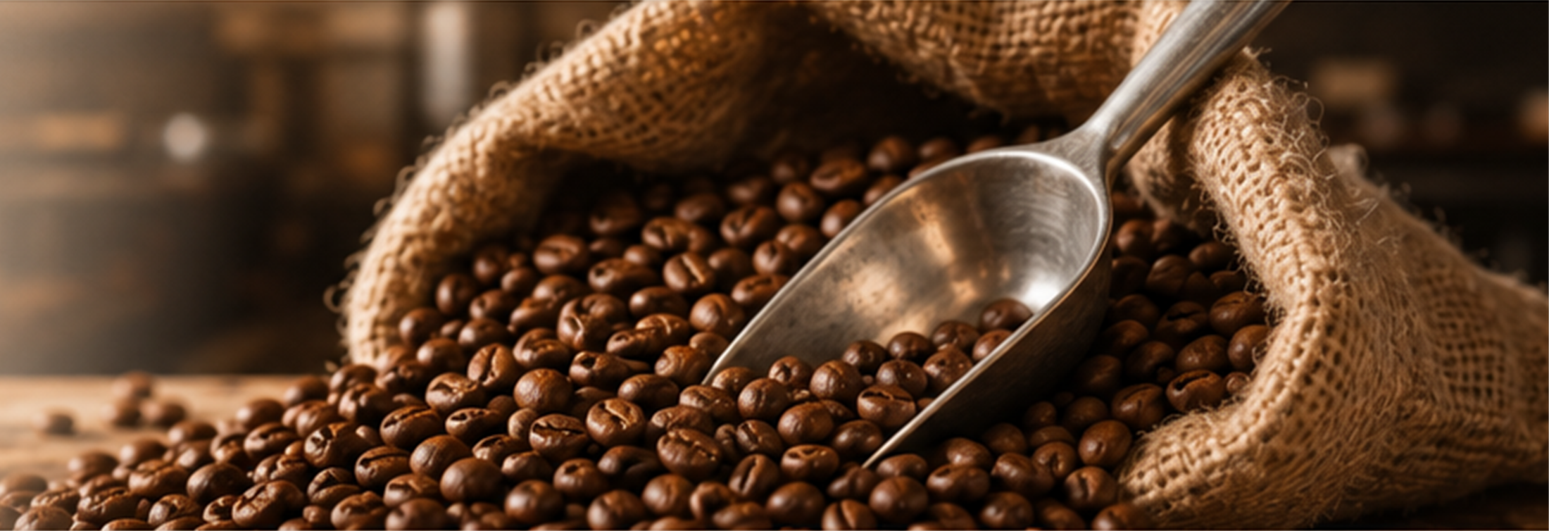 Roasted coffee beans in burlap with scoop