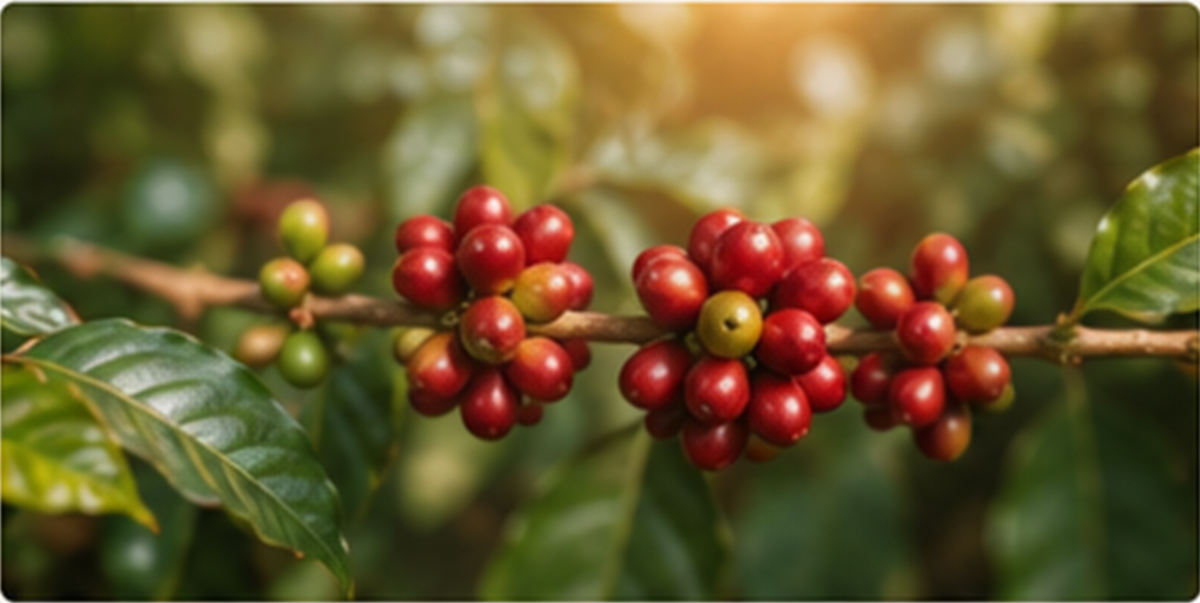 Coffee cherries ripening on a branch